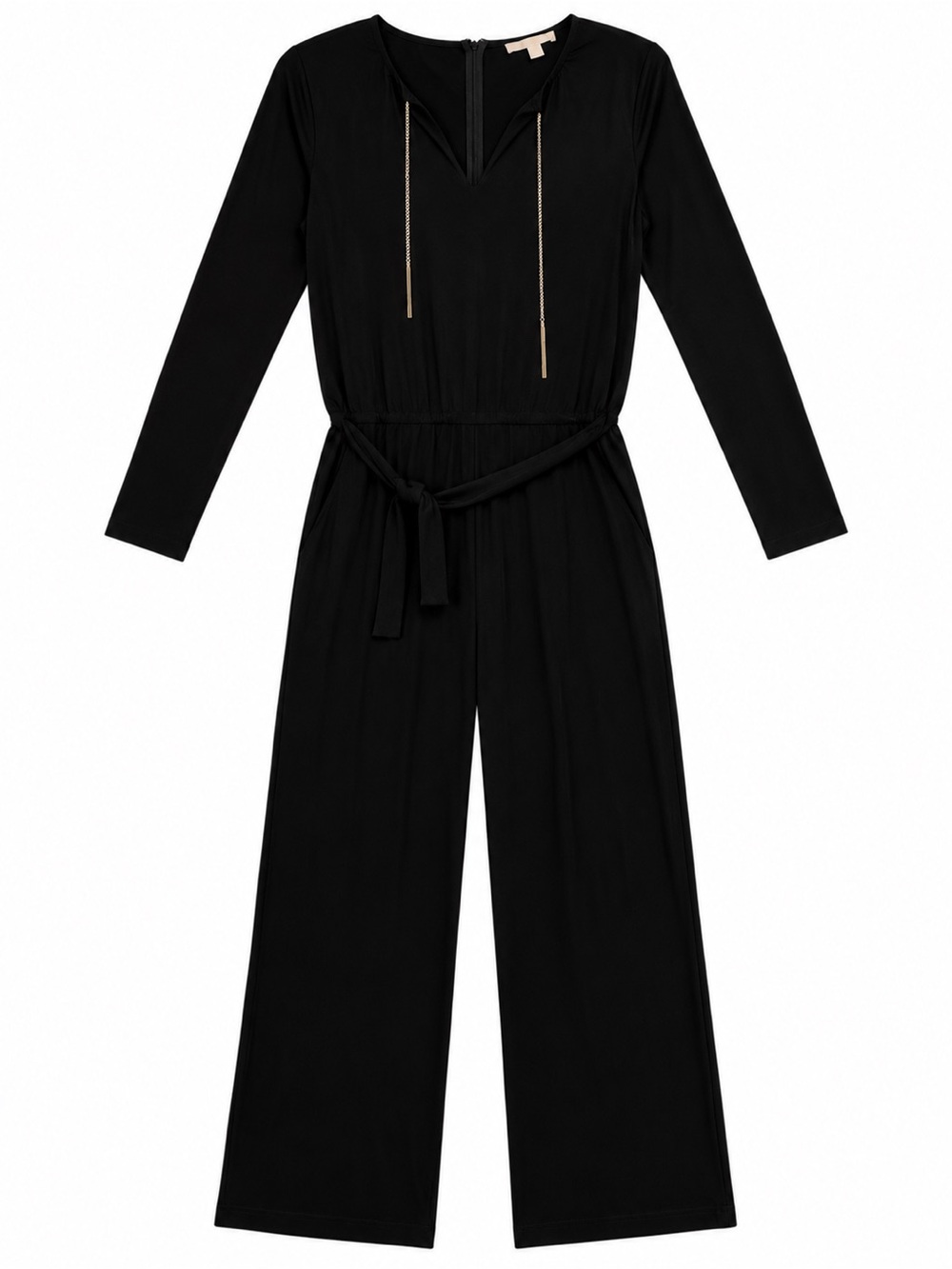 Michael Kors Black Long-Sleeve Belted Jumpsuit with Gold Accents